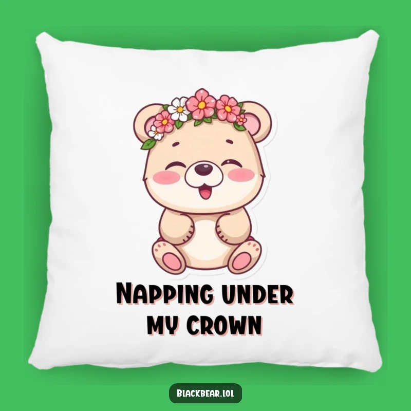 Funny Bear Cub Flower Crown Pillow - Cozy Giggling Character Decor