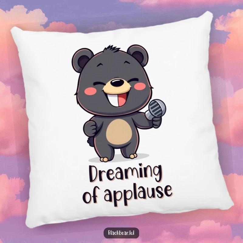 Funny pillow depicting a mischievous black bear cub holding a microphone, perfect for adding personality to any room.