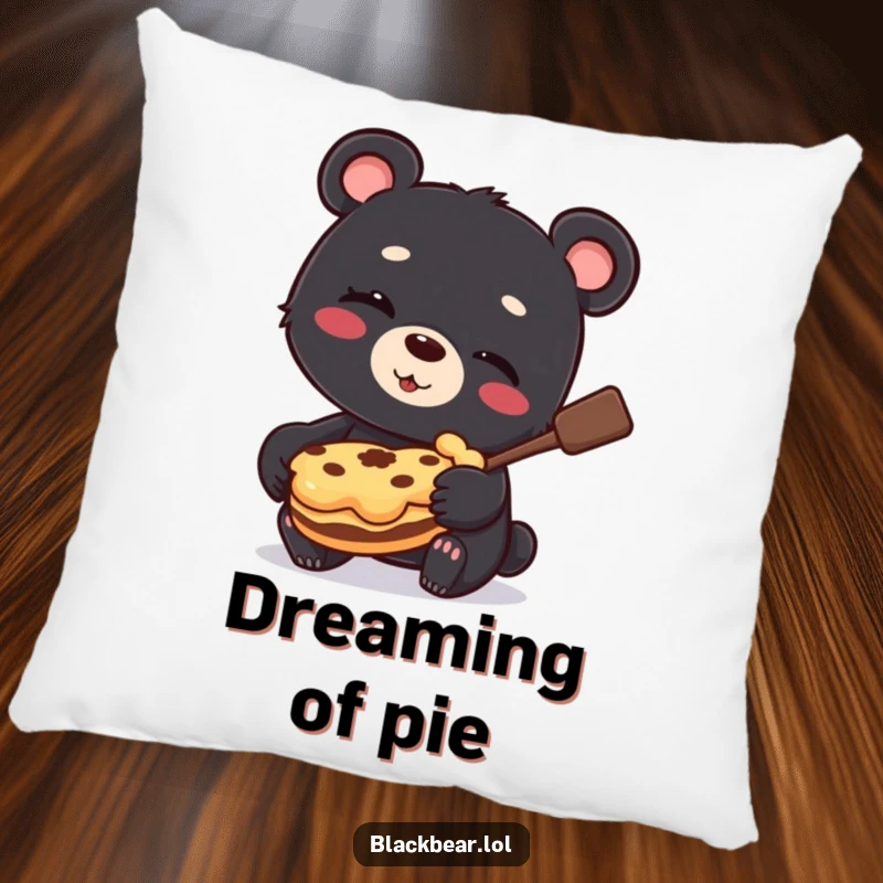 Funny Pillow featuring a black bear cub winking mischievously while holding a stolen pie, providing soft, humorous comfort.