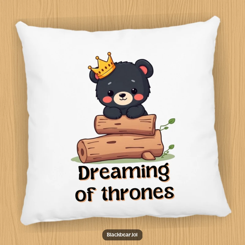 Funny Pillow: Cute black bear cub wearing a tiny crown balances on a log, perfect for regal comfort.
