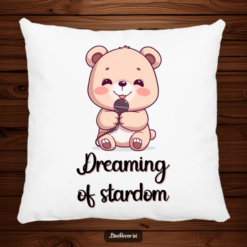 Funny Pillow: Smiling bear cub holding a small microphone, perfect for a music-themed bedroom.