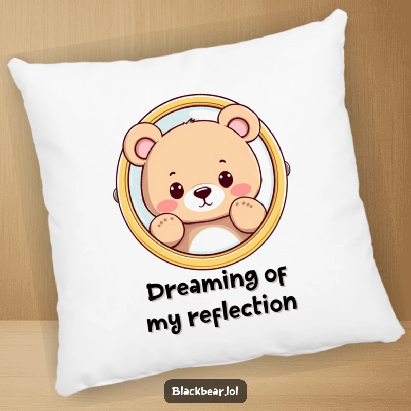 Funny bear character peeking curiously from behind a mirror, depicted on a soft pillow for cozy, humorous decor.