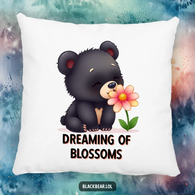 Funny pillow featuring a curious young black bear cub gently sniffing a vividly colored flower, exuding innocent joy and wonder.