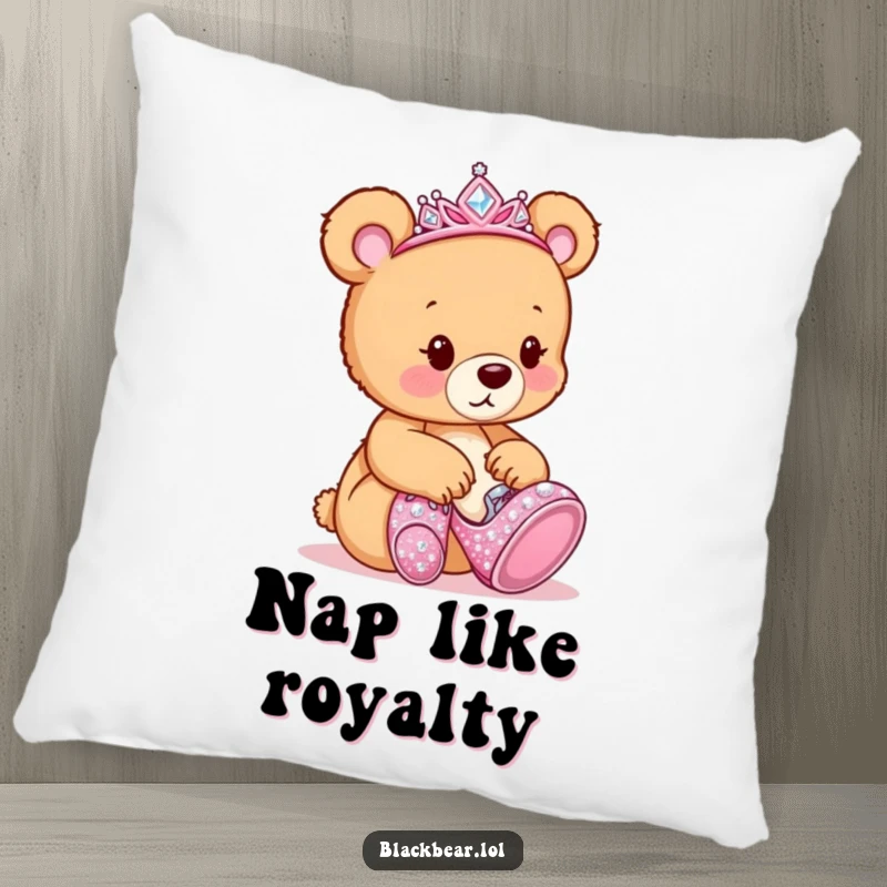 Funny Pillow: Cute bear cub with a tiara, looking at oversized, sparkly shoes, printed on a comfortable pillow.