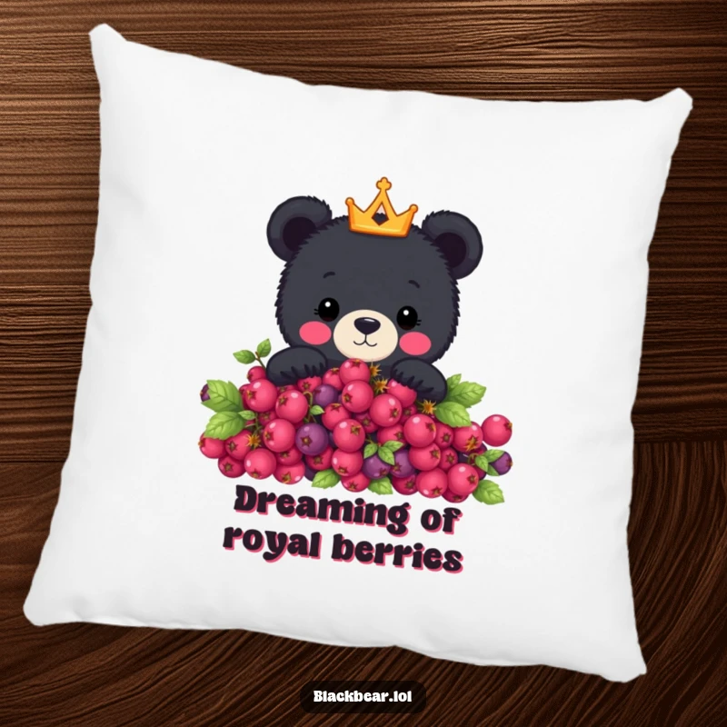 Funny pillow with a cute black bear wearing a small crown, peeking over a berry bush, adding cozy and humorous decor.