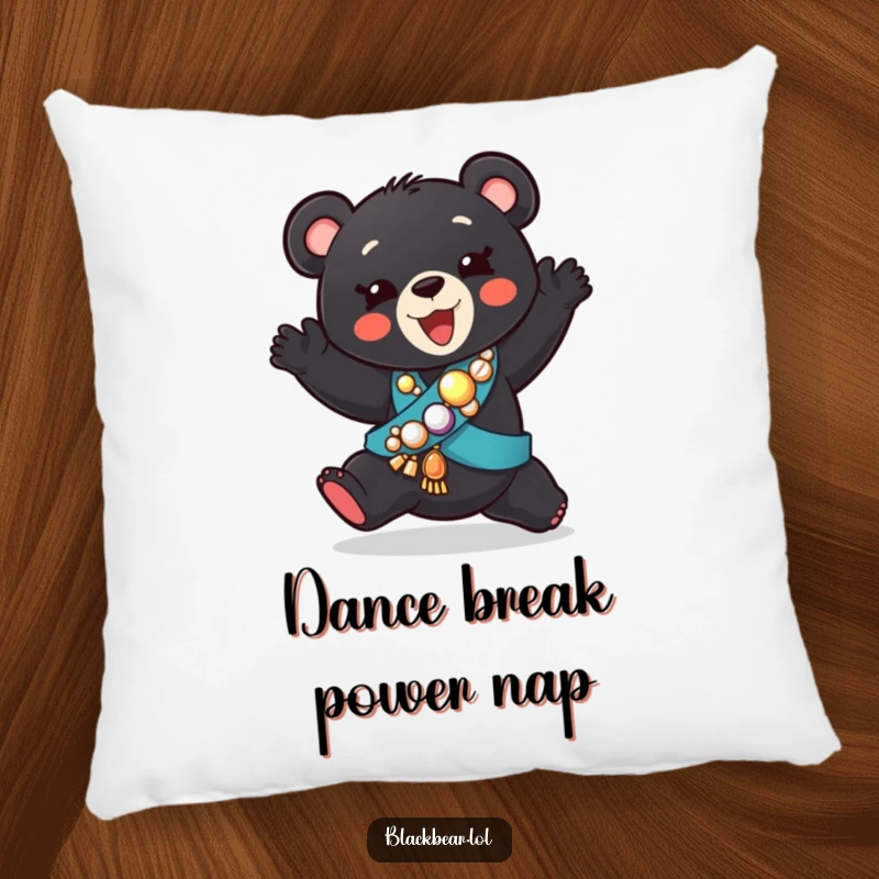 Funny pillow featuring a black bear cub in a jeweled sash, showcasing a funny, energetic dance pose, perfect for comfort.