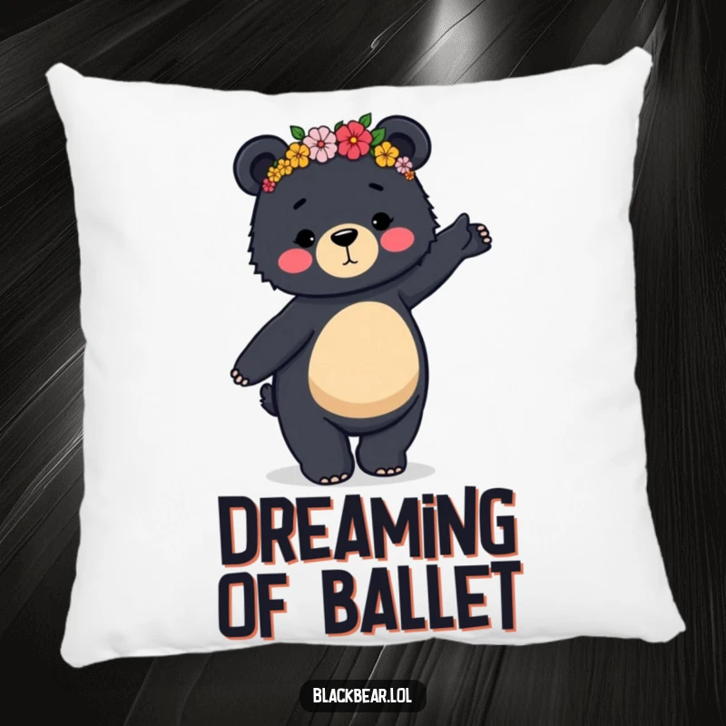 Funny pillow with a black bear in a flower crown dancing clumsily but gracefully, offering comfort and cheer.
