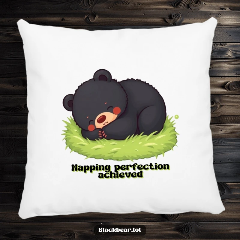 Funny pillow featuring a black bear cub happily rolling in a soft mossy bed, perfect for cozying up with nature's embrace.