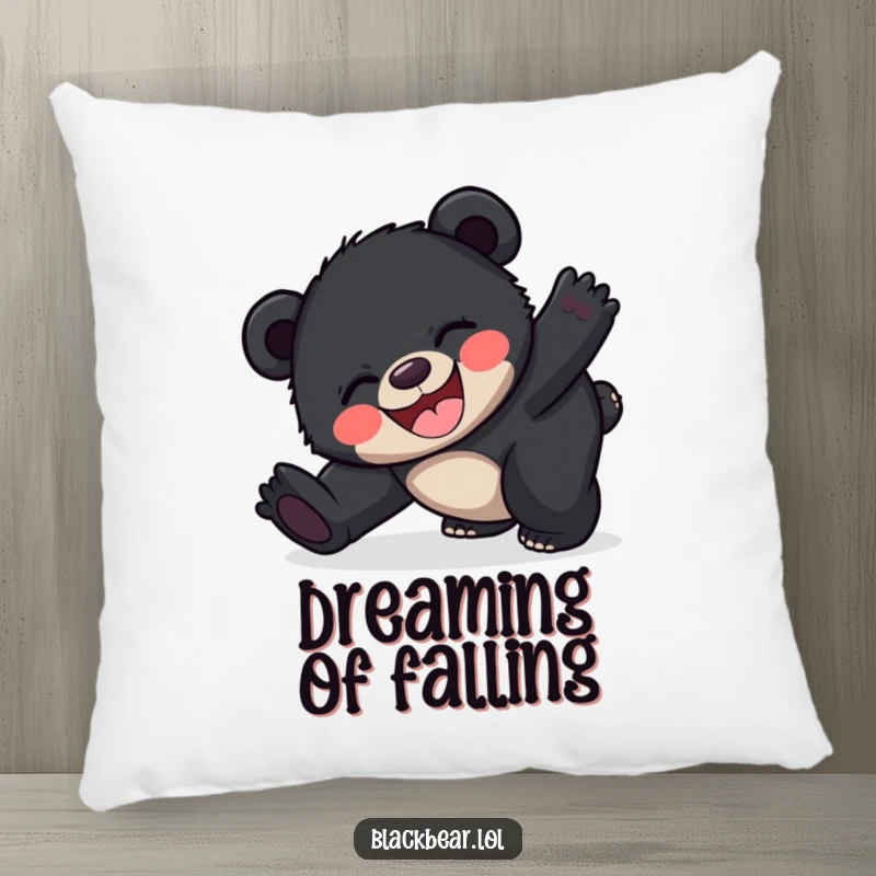 Funny happy black bear cub pillow showing a cub joyfully tripping, offering soft comfort and a humorous visual.