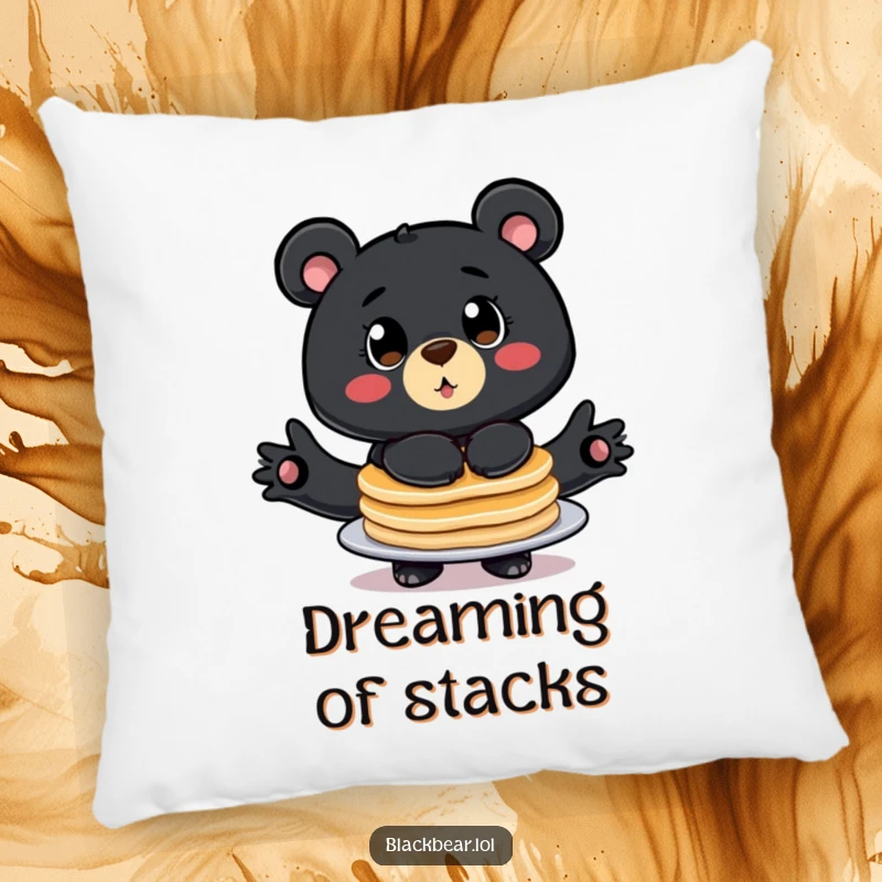 Funny pillow featuring a big eyed bear comically balancing a stack of pancakes, perfect for cozy breakfast vibes.