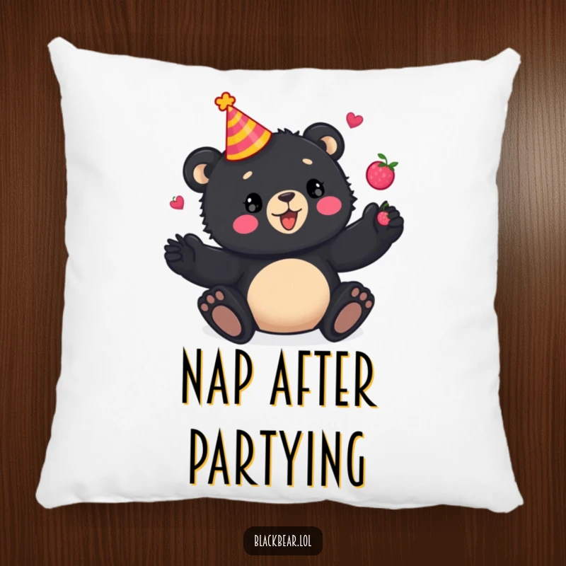 Funny Pillow: Playful black bear cub in a party hat, juggling berries, offering soft comfort and a touch of festive, humorous charm.
