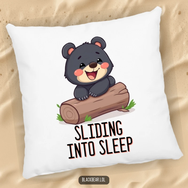 Funny black bear cub sliding down a log with a wide grin on a soft decorative pillow. Playful and humorous forest animal accent.
