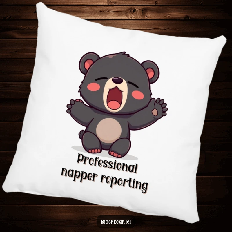 Funny pillow showcasing a black bear cub mid-yawn with a paw extended, representing ultimate relaxation and sleepiness.