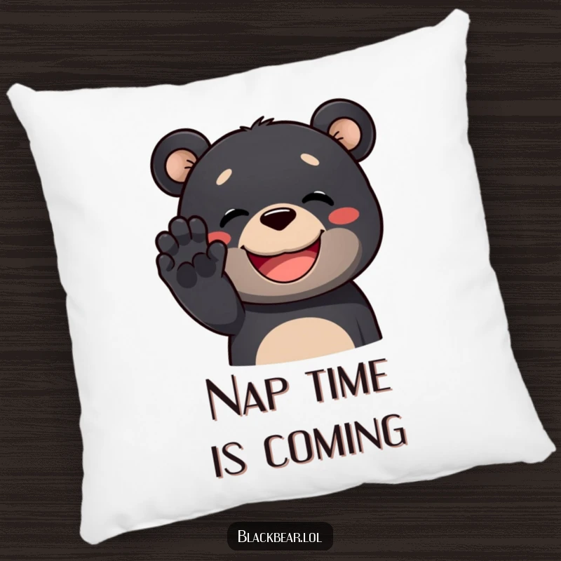 Funny black bear pillow featuring a happy black bear with a huge grin, waving its paw, adding comfort and humor.