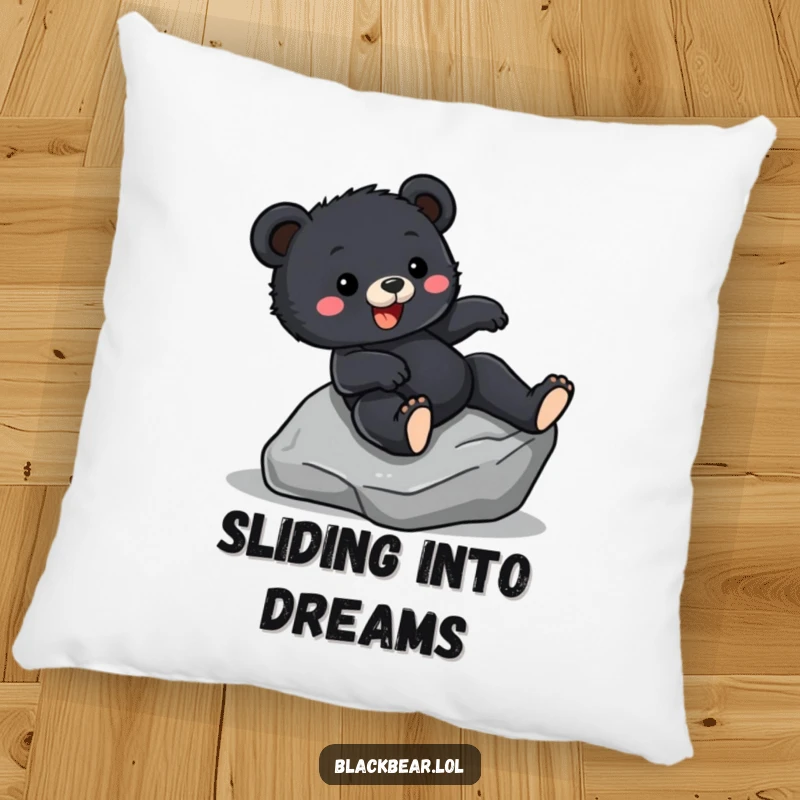 Funny Pillow featuring a black bear cub sliding down a rock with excitement, providing soft, humorous comfort.