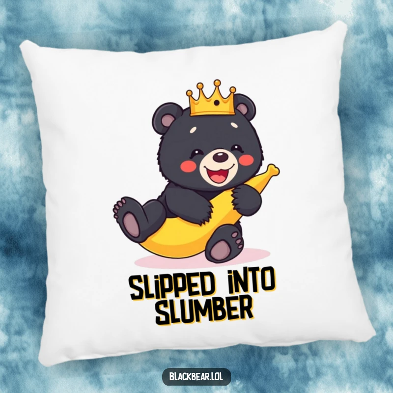 Funny crowned black bear cub hilariously slipping on a banana peel, making this pillow exceptionally funny and cozy.