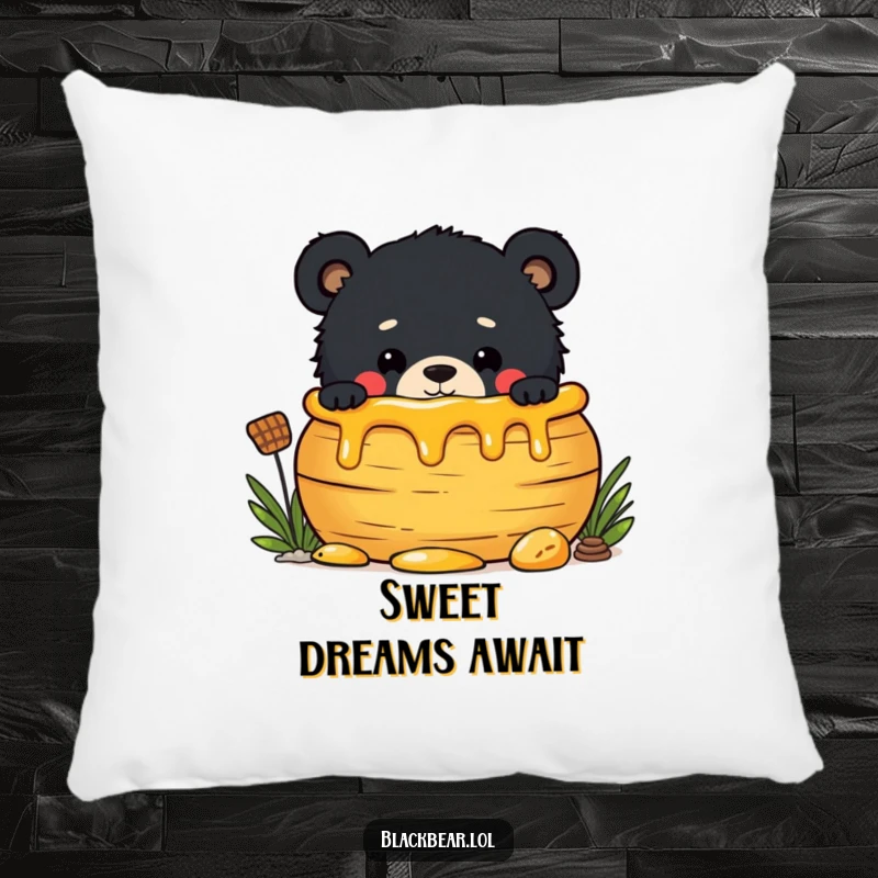 Funny pillow design of a mischievous black bear cub peeking out from behind a large honey pot, looking for a sweet snack.
