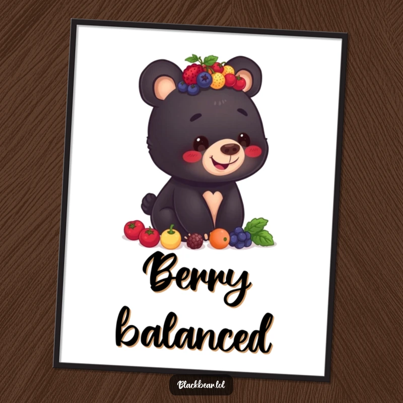 Funny digital art print of a smiling black bear cub concentrating on balancing a pile of berries on its head.