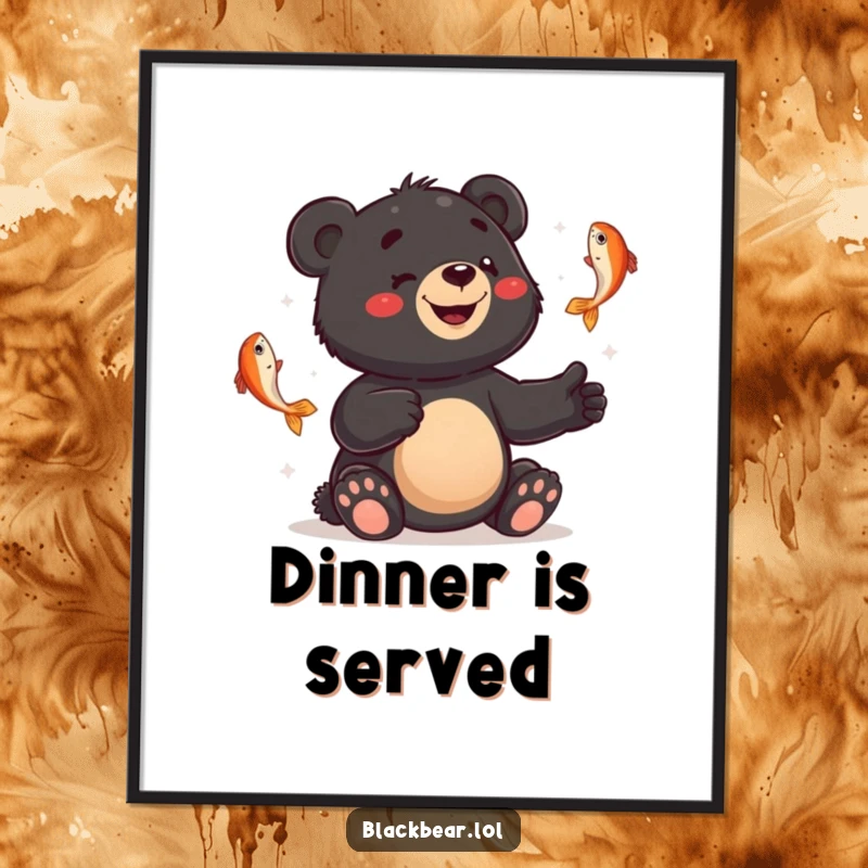 Funny digital art print of a smiling black bear cub juggling fish with a bewildered expression, ideal for whimsical décor.