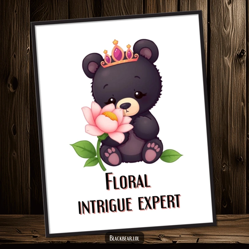 Funny digital art print of a black bear cub wearing a tiara, curiously sniffing a giant flower with fascination.
