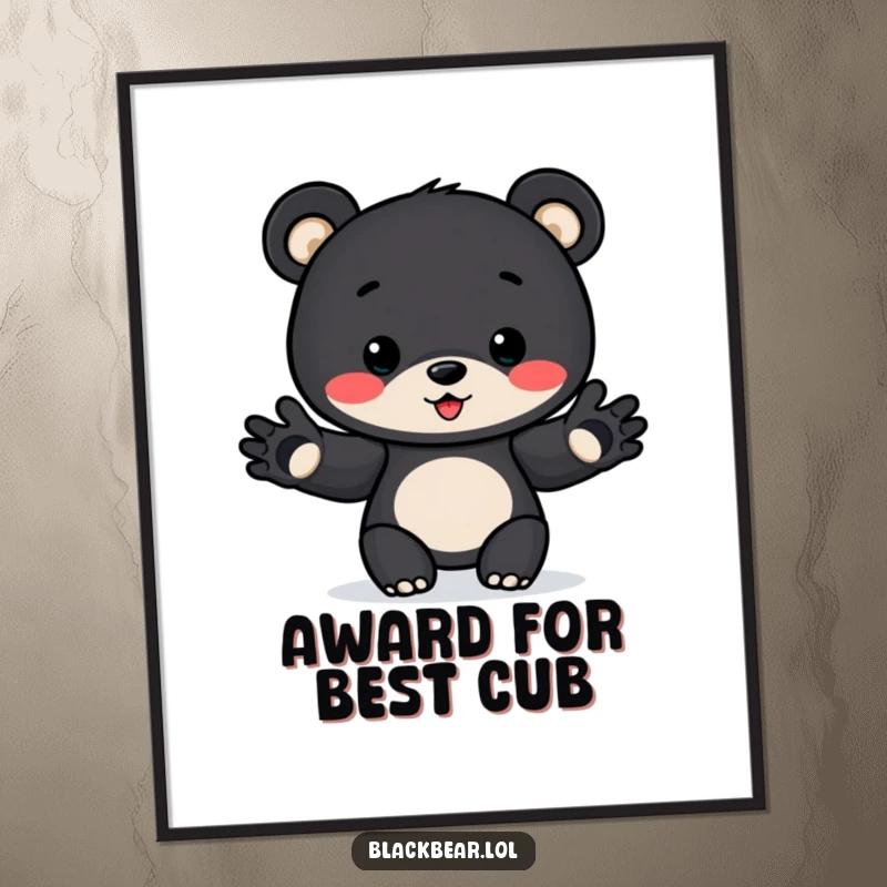Funny Award Bear Cub Digital Art Print: Bear cub with paws outstretched as if presenting an award, perfect for a funny and celebratory room.