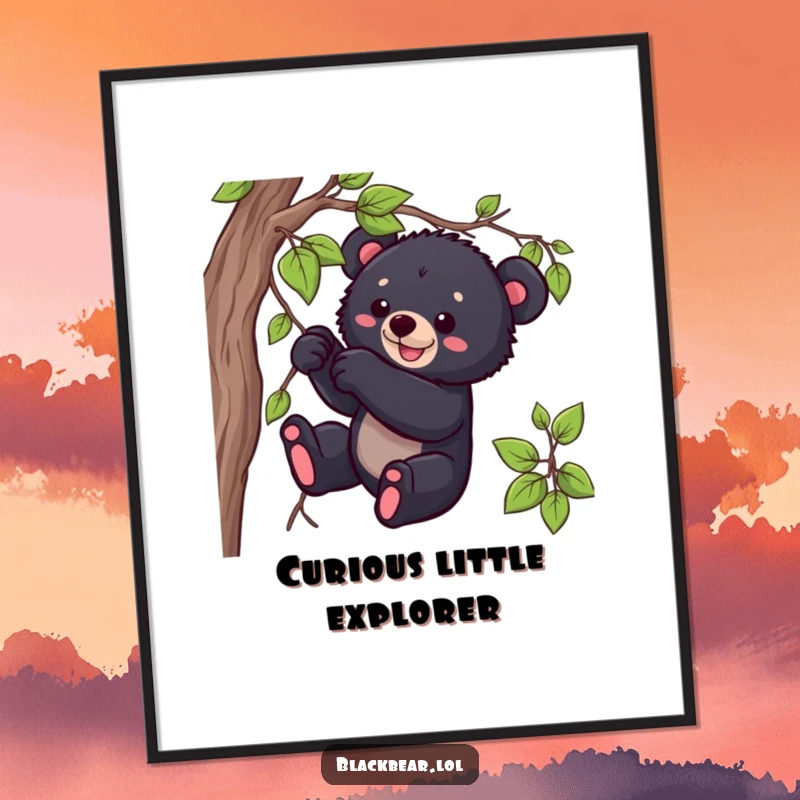 Funny black bear cub digital art print of a cub playfully tugging on a dangling vine, evoking wild innocence.
