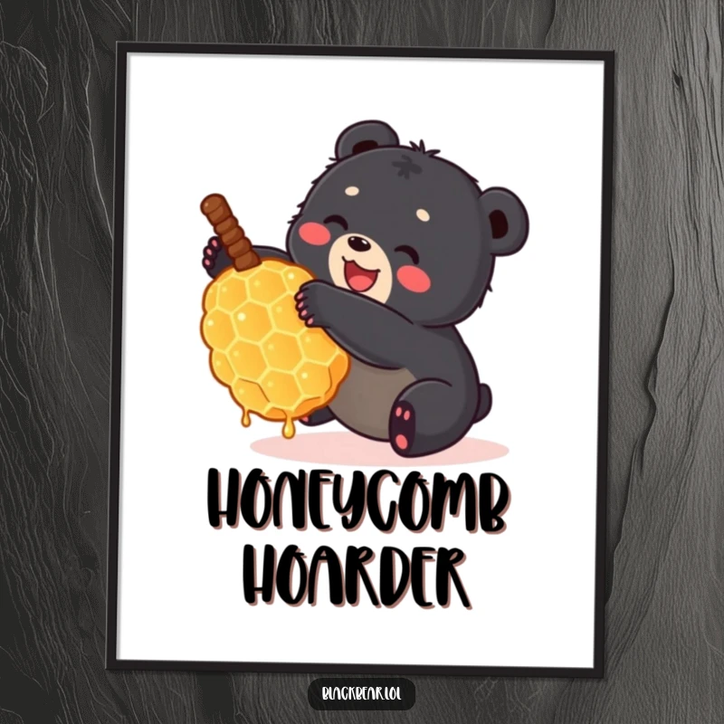 Funny small black bear cub joyfully tumbling with a giant honeycomb, digital art print. Adorable and humorous forest animal.