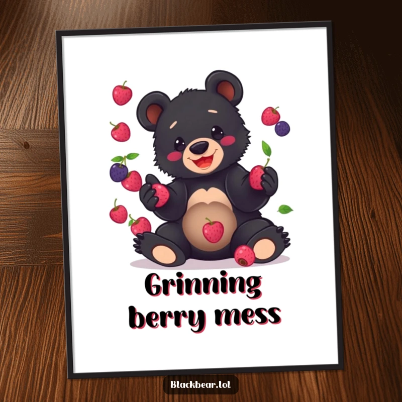 Funny Digital Art Print: a black bear cub with a grin, clumsily juggling bright berries, bringing humor and cuteness.