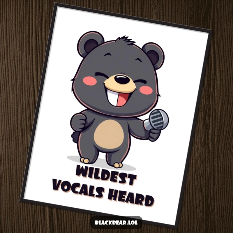 Funny digital art print of a mischievous black bear cub holding a microphone, exuding charisma and musical talent.