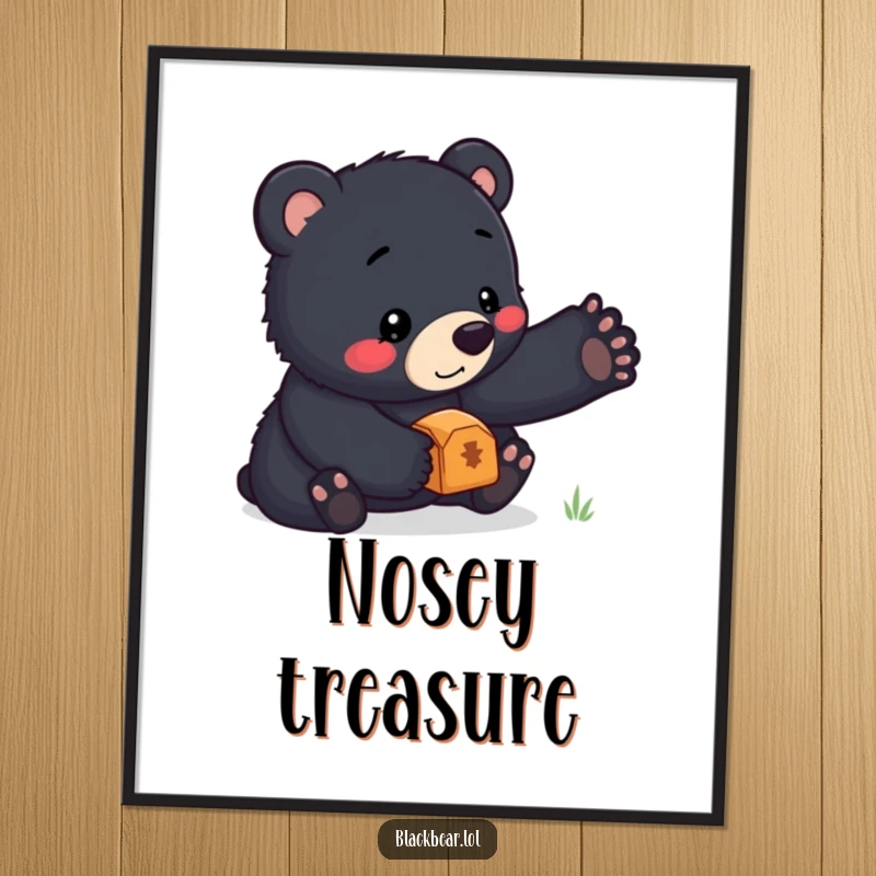 Funny digital art print of a black bear cub concentrating intently on balancing a small treasure on the tip of its nose, full of charm.