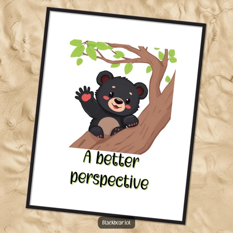 Funny black bear cub enthusiastically waving from a tree branch, ready to be printed and add cheerful woodland vibes to any room.