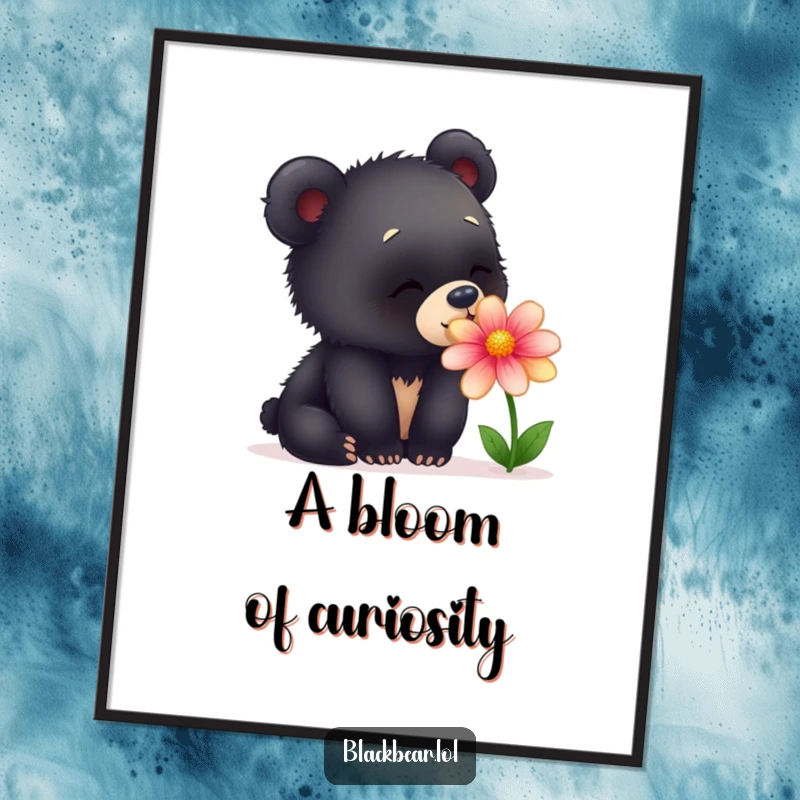 Funny digital art print of a young black bear cub in a delightful pose, curiously sniffing a brightly colored flower.