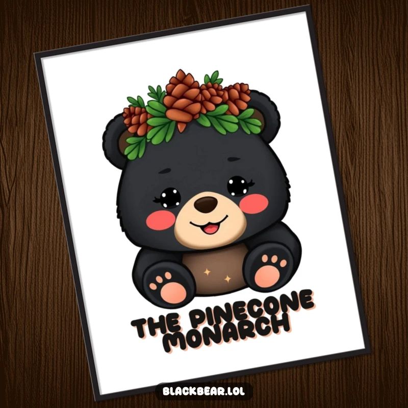 Funny Digital Art Print: Cheerful black bear cub with a pinecone crown waves hello, creating instant charming and humorous decor.