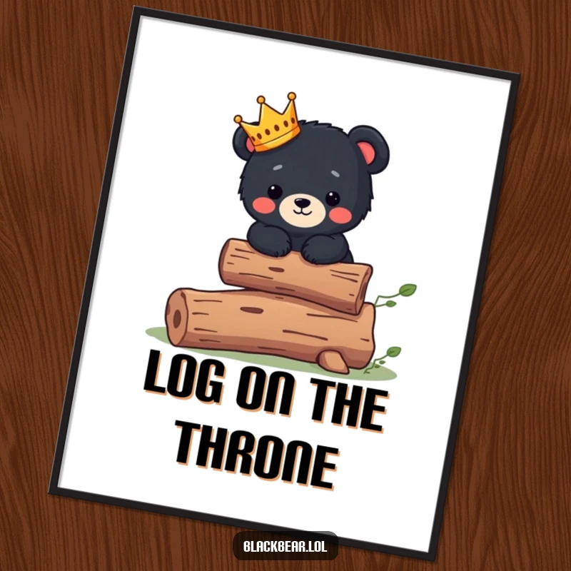 Funny Digital Art Print: Cute black bear cub wearing a tiny crown balances on a log, full of charm.