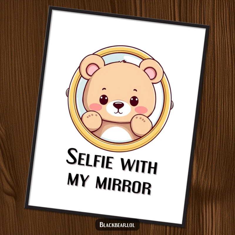 Funny bear character peeking curiously from behind a large, shiny mirror, available as a high-resolution digital art print.