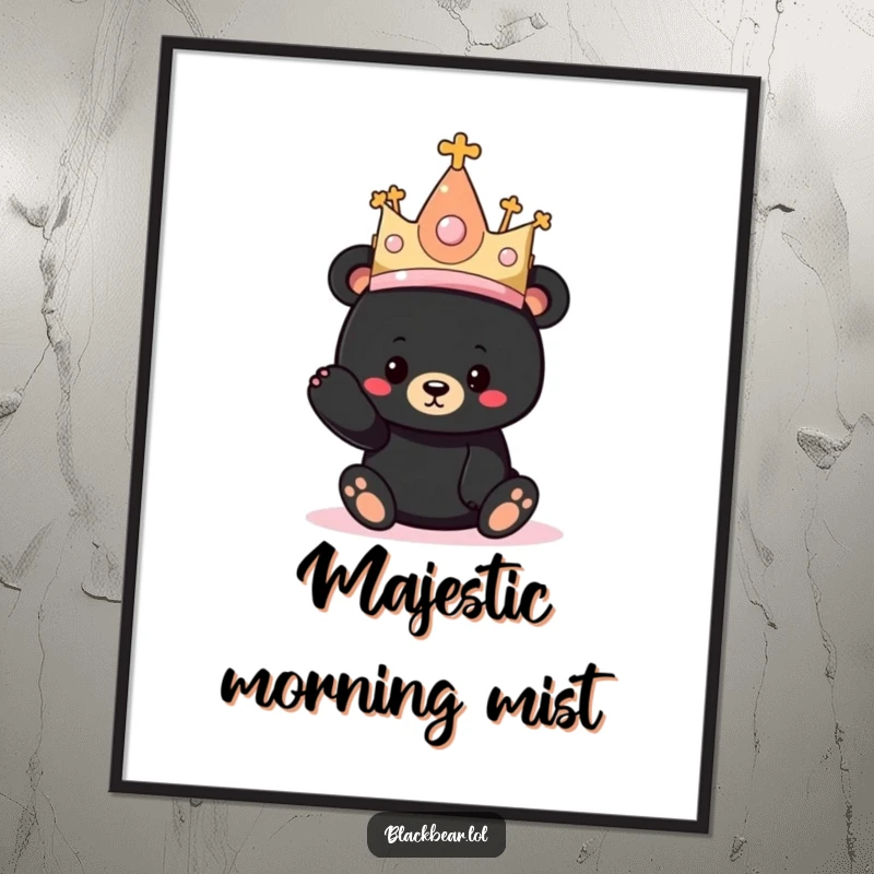 Funny digital art print of a black bear cub humorously adorned with a comically oversized princess crown, perfect for decor.