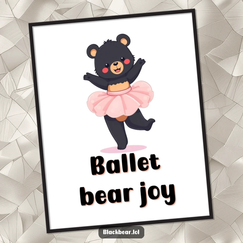 Funny Digital Art: Young black bear in a tutu, performing a graceful and joyous twirl, ready to print.