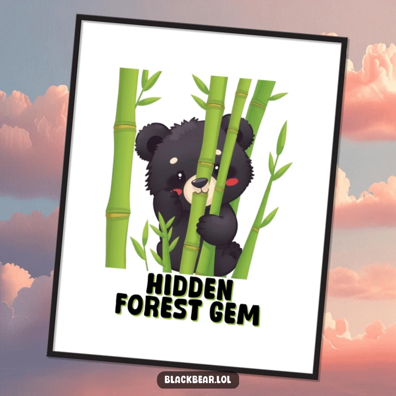 Funny black bear cub digital art print of a cub peeking from bamboo, capturing a moment of playful curiosity and charm.