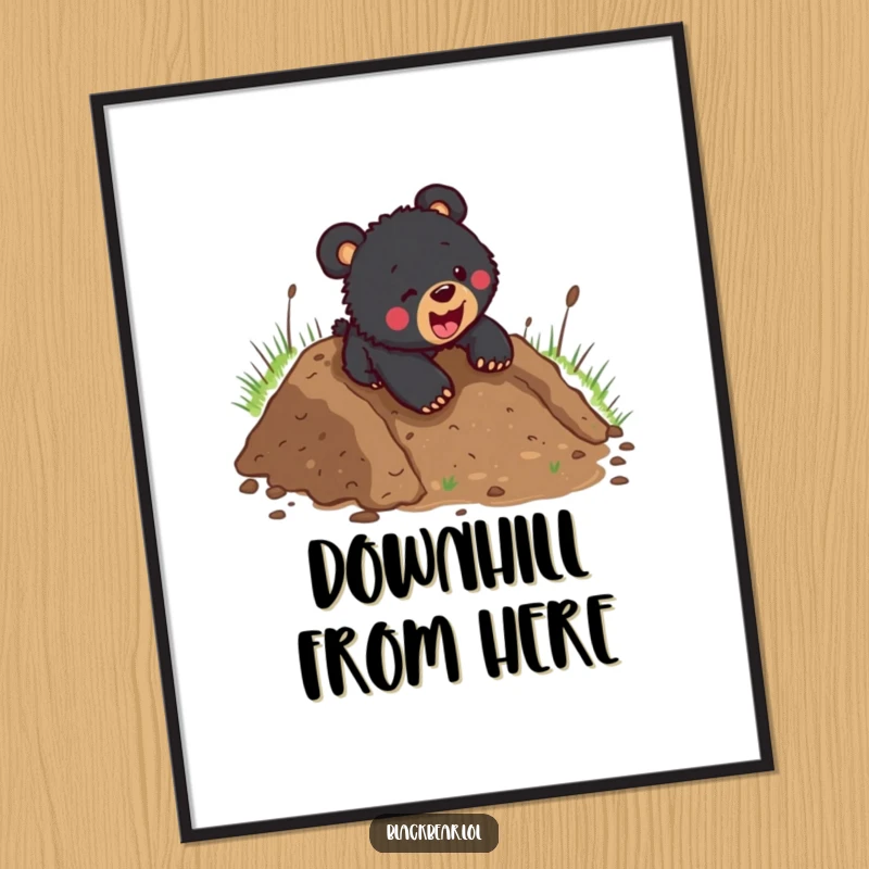 Funny black bear cub in peak action, sliding headfirst down a muddy hill, ready to be printed and add humor to any room.