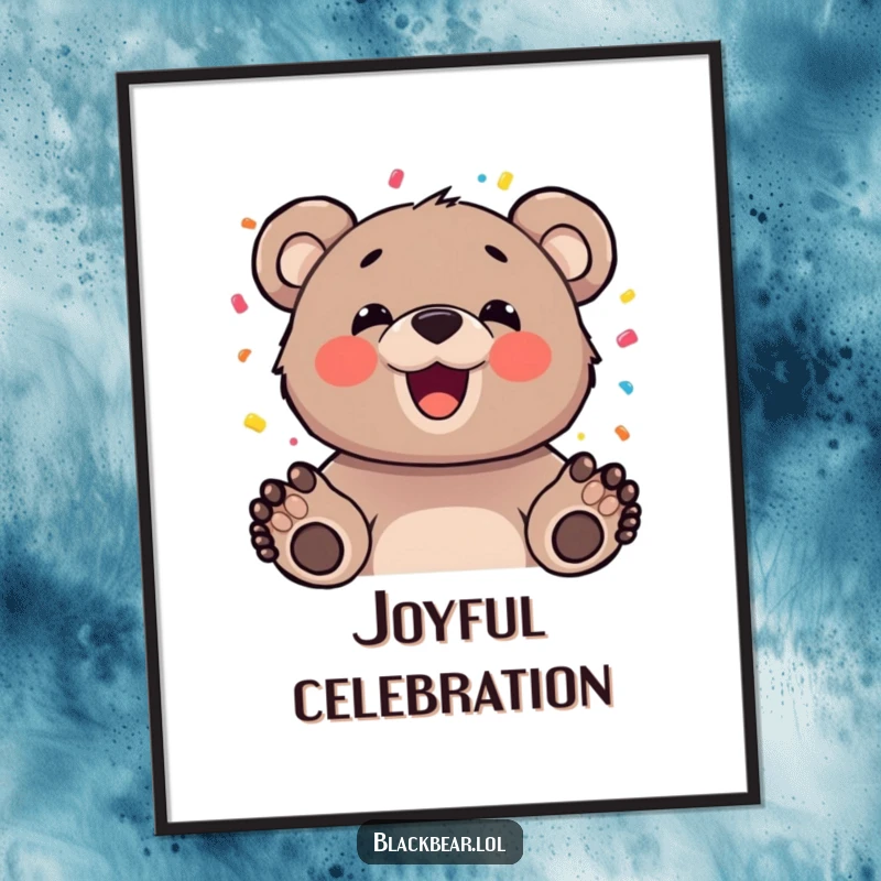 Funny bear cub with a happy expression tossing colorful confetti in the air, available as a high-resolution digital art print.