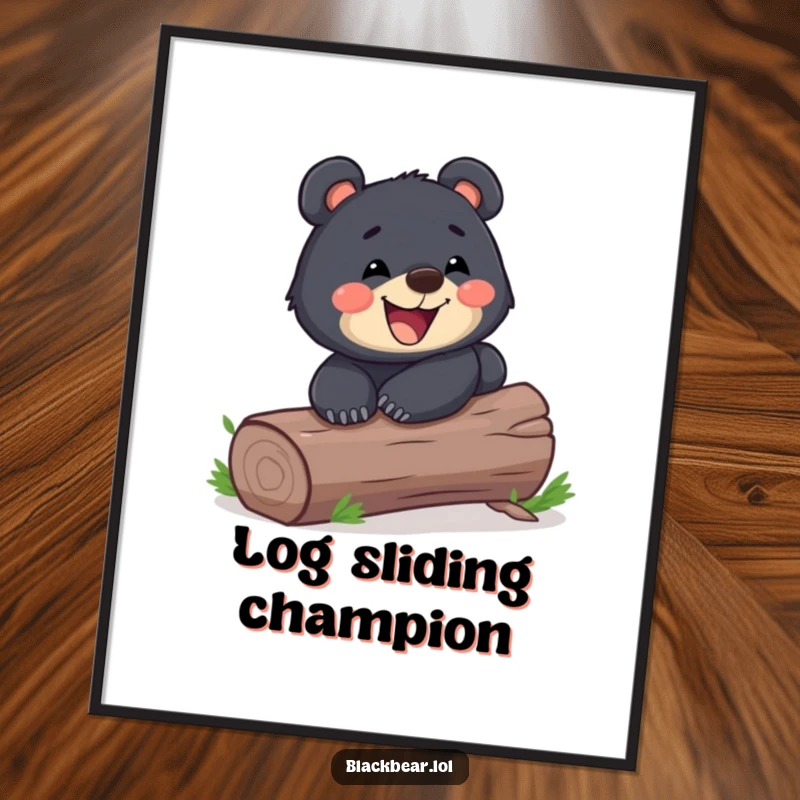 Funny playful black bear cub sliding down a log with a wide grin, digital art print. Playful forest animal illustration.