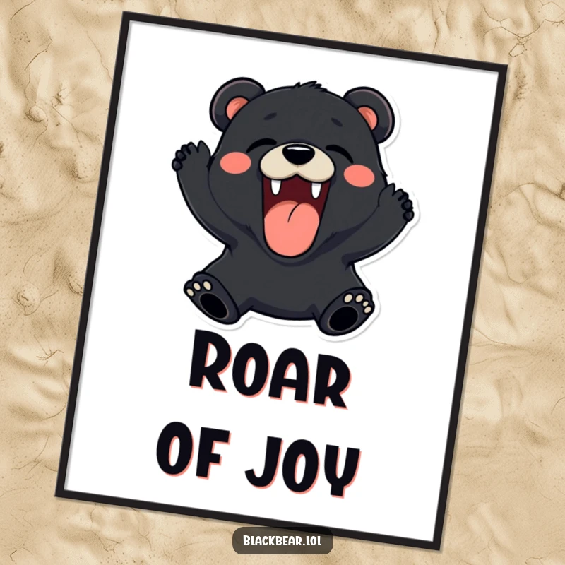 Funny black bear digital art print roaring playfully with a wide, happy expression, printable decor.