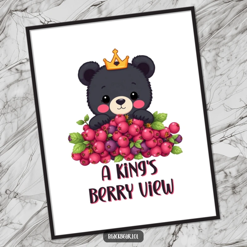 Funny digital art print of a cute black bear with a tiny crown peeking over a berry bush, perfect for whimsical wall decor.