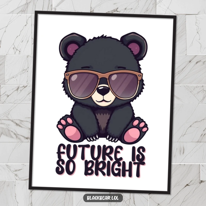 Funny digital art print of a black bear cub wearing oversized sunglasses, looking incredibly cool and stylish.