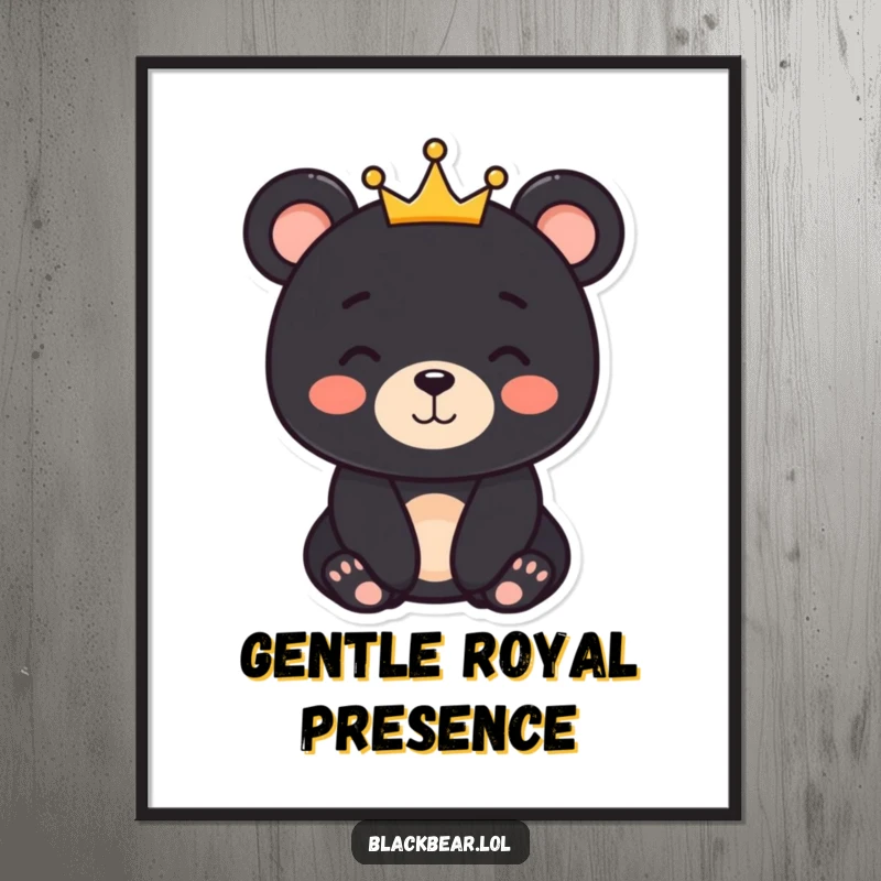 Funny black bear character with a gentle smile and a small crown, available as a high-resolution digital art print.