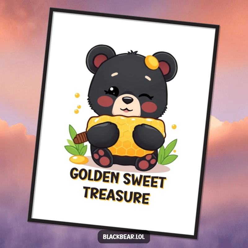 Funny Digital Art Print: Cute black bear cub winking, proudly holding a massive honeycomb, creating a charming and humorous display.