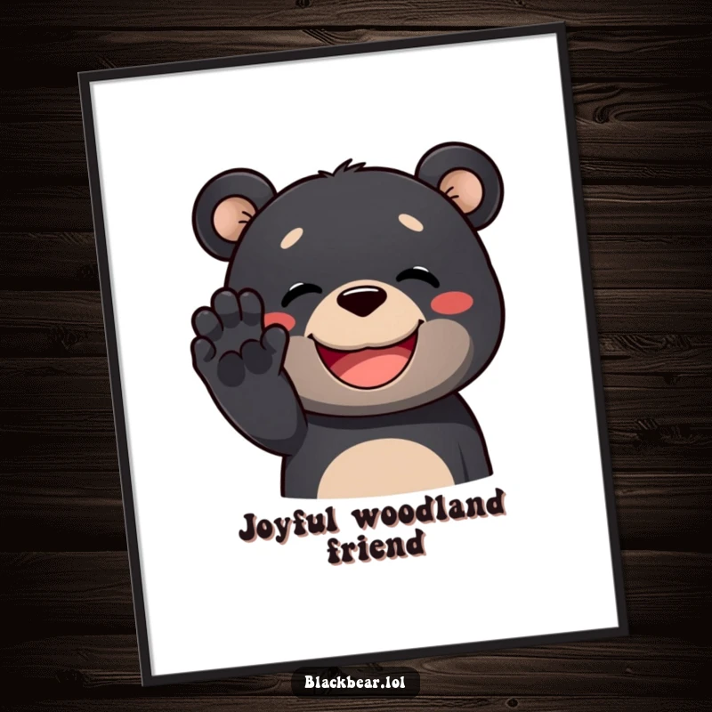 Funny black bear digital art print of a bear with a wide, happy grin, waving its paw, conveying pure joy.