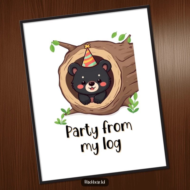Funny digital art print of a happy black bear cub peeking from a hollow log, wearing a party hat, whimsical and cheerful.