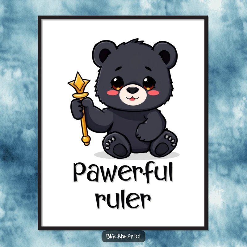 Funny black bear cub digital art print holding a shiny scepter with a paw, printable royal decor.