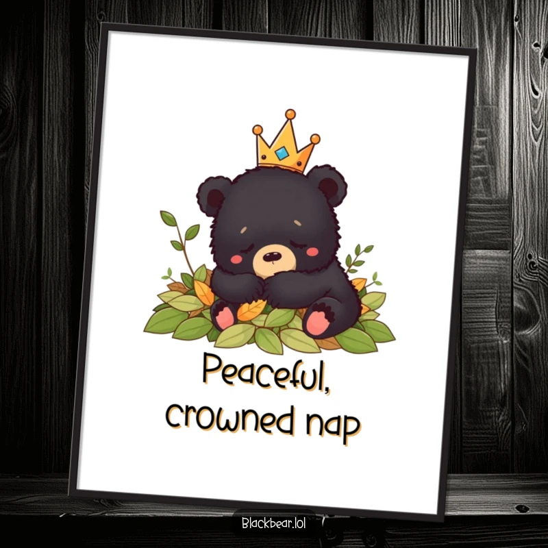 Funny crowned black bear cub napping peacefully in leaves, captured in a high-quality digital art print for instant calm.